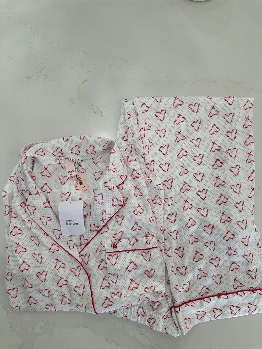 Victoria's Secret White Pajama Set with Red Heart Print Sz M